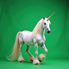 Majestic white unicorn with golden horn walks on solid green background. Mythical creature, fantasy horse, magical animal, elegant being, powerful, pure.