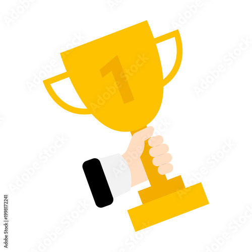Hand holding golden trophy cup for first place winner success recognition. Award for champion achievement in sport and business competition. Victory prize celebration sign. Vector EPS 10.