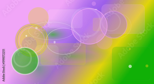 Geometric shapes background in vibrant colorful gradient with translucent circles and squares in bright neon lighting for graphic design