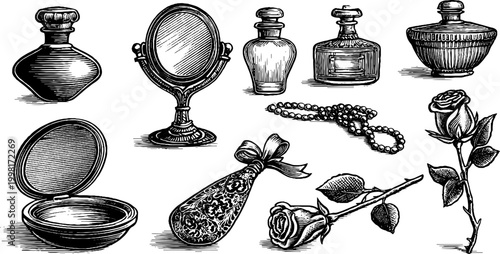 Vintage engraved perfume bottles vanity mirror pearls and rose clipart sheet for background label and packaging design