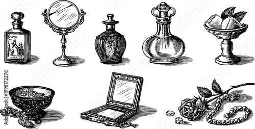 Vintage engraved vanity set elements for cosmetic packaging and label design with mirror compact bowls roses and jewelry decorative accents