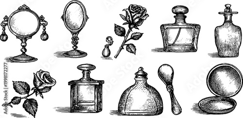 Vintage engraved perfume and vanity bottle clipart sheet with roses mirror and compact for background label and packaging design
