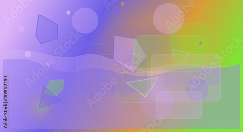 Geometric shapes in vibrant rainbow gradient background with translucent overlay for creative design