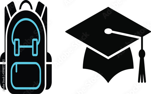 
Student Backpack and Graduation Cap Icon Set in Black and Cyan for Education, School, and Academic Designs