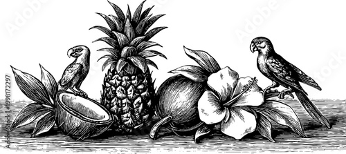 Vintage engraved tropical composition with pineapple coconut hibiscus and parrots clipart sheet for background label and packaging design