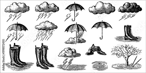 Vintage engraved rain clouds umbrellas boots shoes and tree vignettes sheet for weather themed background and design elements
