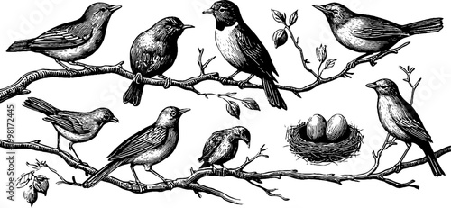 Vintage engraved bird clipart sheet of robins and sparrows for design background and decorative stationery elements