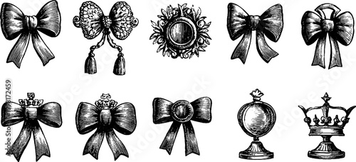 Vintage rococo bow and floral swag engraved clipart sheet of decorative ribbons and crowns for design background and embellishment