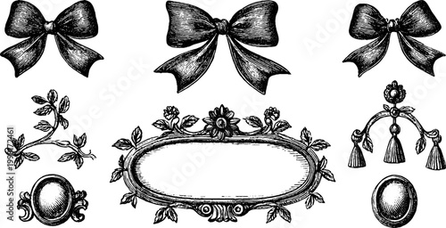Vintage engraved rococo bows and floral swag decorative elements for label and background design