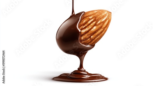 Chocolate covered almond with liquid dark chocolate dripping on white backdrop