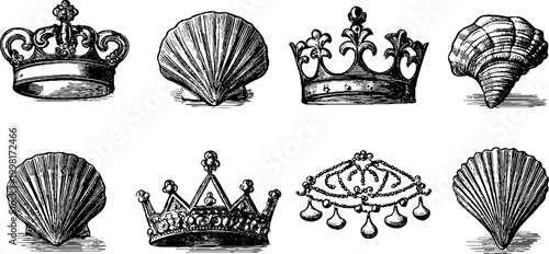 Vintage engraved rococo shells crowns and mirror ornaments for label and jewelry background design