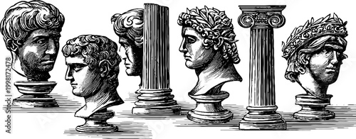 Vintage engraved roman busts and architectural columns for classical background and label design