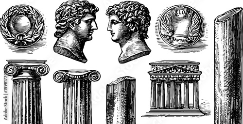 Vintage engraved classical roman busts coins columns and temple architectural elements for history background design