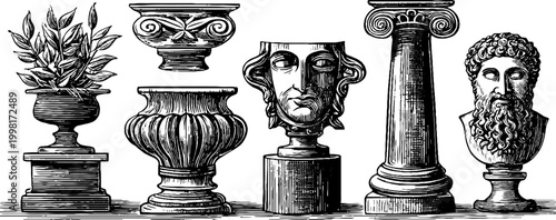 Vintage engraved roman architectural ornaments clipart sheet with urns columns masks and laurel motifs for design elements