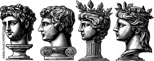Vintage engraved roman busts and medallions clipart sheet with classical marble heads for poster and banner design elements