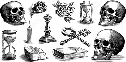 Vintage engraved skulls roses hourglass and gothic elements sheet for tattoo design background and craft decoration
