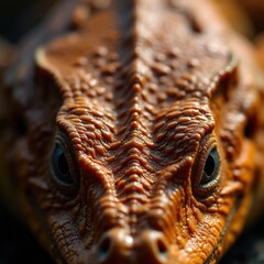 Extreme close up macro photo of an orange reptile head. Intricate textured scales cover lizard skin. Deep blue eye stares forward. Reptilian creature detail.