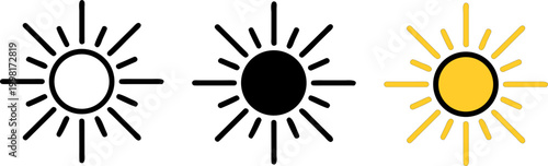 Set of 3 Sun Icons - Solar Energy and Weather Brightness Symbols in Outline Solid and Yellow Styles - Vector