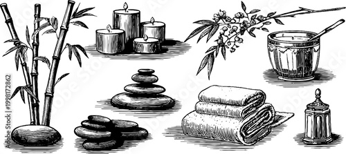 Vintage engraved spa stones eucalyptus towels candles and oil bottles sheet for wellness label design and spa background