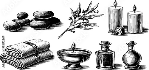 Vintage engraved spa stones eucalyptus towels candles and oil bottles sheet for wellness label design and spa background