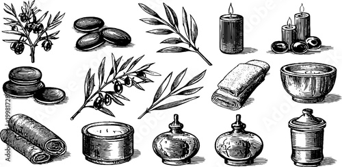Vintage engraved spa stones eucalyptus towels candles and oil bottles sheet for wellness label design and spa background