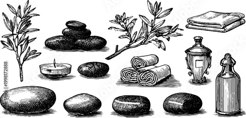 Vintage engraved spa stones eucalyptus towels candles and oil bottles sheet for wellness label design and spa background