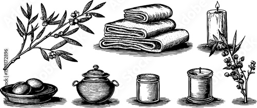 Vintage engraved spa clipart sheet with stacked towels stones eucalyptus jars and candles for wellness background and packaging design