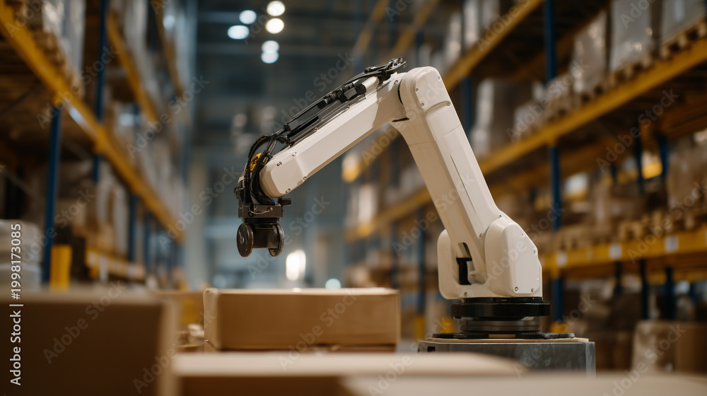 Fototapeta premium Compact warehouse robot arm navigating shelving units autonomously at 3am, motion-blurred shelves in background, no human workers present, autonomous AI agent workflow in action, logistics automatio