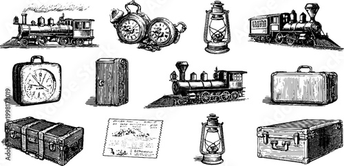 Engraved clipart sheet of steam locomotives lanterns pocketwatches luggage and travel ephemera for vintage transport design