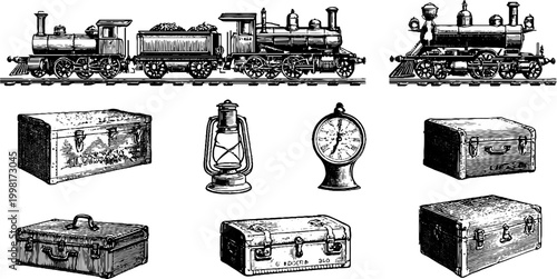 Engraved transport sheet of steam locomotives trunks lanterns and gauges for vintage railroad design and travel background elements