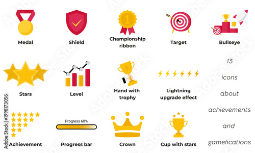 Big set of 13 game achievement and business gamification icons. Award symbols like medal, trophy, crown, star rating, and progress bar for app UI design. Success and goal collection. Vector EPS 10.