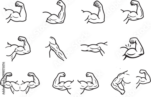 Line drawing illustrations of flexing biceps arms in various poses black and white