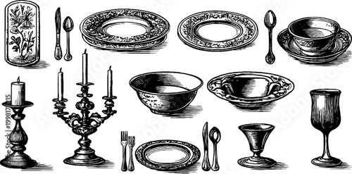 Vintage engraved tableware and dining set clipart with plates cups bowls cutlery goblets and candlesticks for menu or invitation design