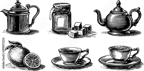 Vintage engraved clipart sheet with teapots honey jar sugar cubes cups and citrus slices for label and packaging design
