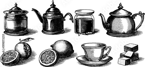 Vintage engraved clipart sheet of tea kettles honey jar lemon cup and sugar cubes for label and packaging design