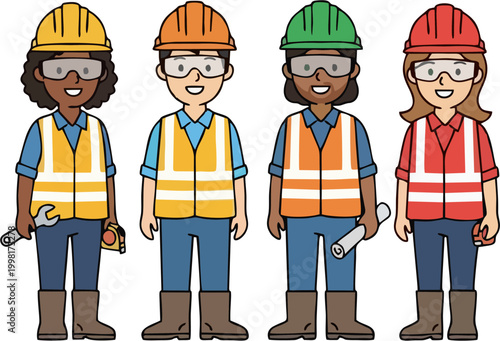 Diverse Female Construction Worker Characters Set — Cartoon Women Engineers in Safety Vest, Hard Hat and Goggles Holding Tools, Inclusive Workforce Flat Illustration