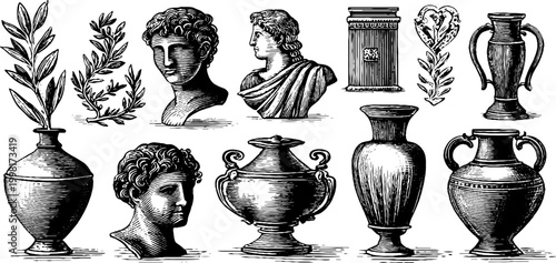 Vintage engraved sheet of classical vases urns and busts with ornamental pottery elements for antique decor, label design and museum style background