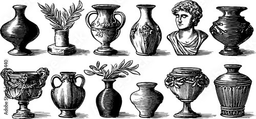 Vintage engraved collection of vases urns and classical busts sheet with ornamental pottery silhouettes for decorative design, packaging and antique background