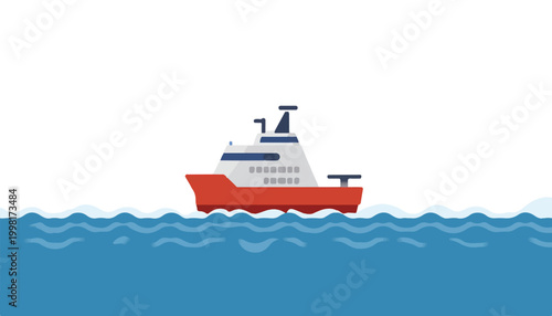a red and white boat floating on blue water.