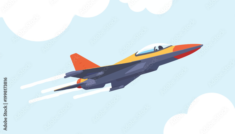 Fototapeta premium A colorful cartoon fighter jet flying fast.