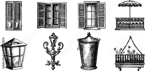Vintage engraved window frames shutters balcony lantern and planter clipart sheet for architectural decoration design backgrounds and restoration project graphics