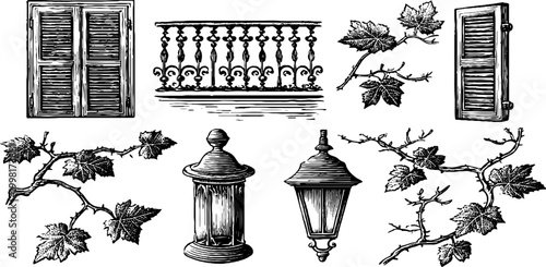 Vintage engraved sheet of window shutters balcony railing lanterns and vine branches for decorative design background and pattern elements
