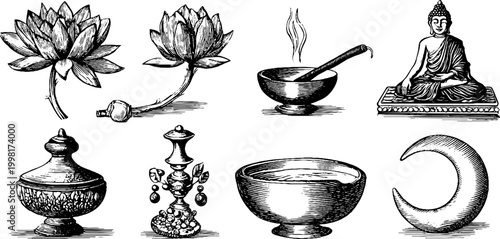 Vintage engraved lotuses incense bowl and buddha icons sheet for yoga spa background and wellness design elements