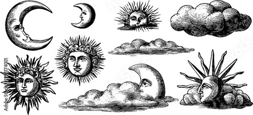 Vintage engraved zodiac moons suns clouds and celestial faces sheet for astrological background and mystical design elements