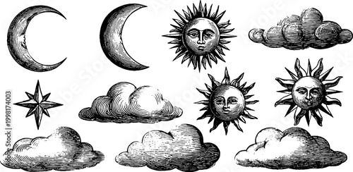 Vintage engraved celestial clipart sheet with crescent moons suns stars and clouds for design background poster and banner use