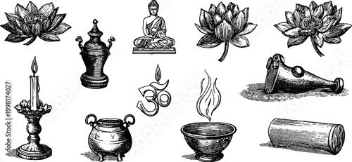 Vintage engraved yoga symbols lotus flow sheet with om candle bowl and ritual objects for mindfulness design elements