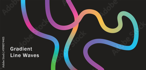 Fun Rainbow Ribbon Waves. Gradient Color Lines Pattern On Abstract dark Background.