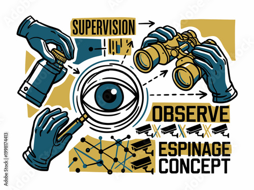 Art sketch collage of headless human hands hold binoculars zoom eyeball stare espionage concept stalker supervision art.