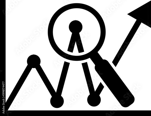 Black Prediction Icon with Growth Chart and Magnifying Glass - Business Data Analysis, Market Forecasting, and Technical Insight Vector Illustration