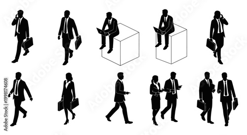 set of isometric business people silhouettes showing corporate professionals walking talking and working on laptops